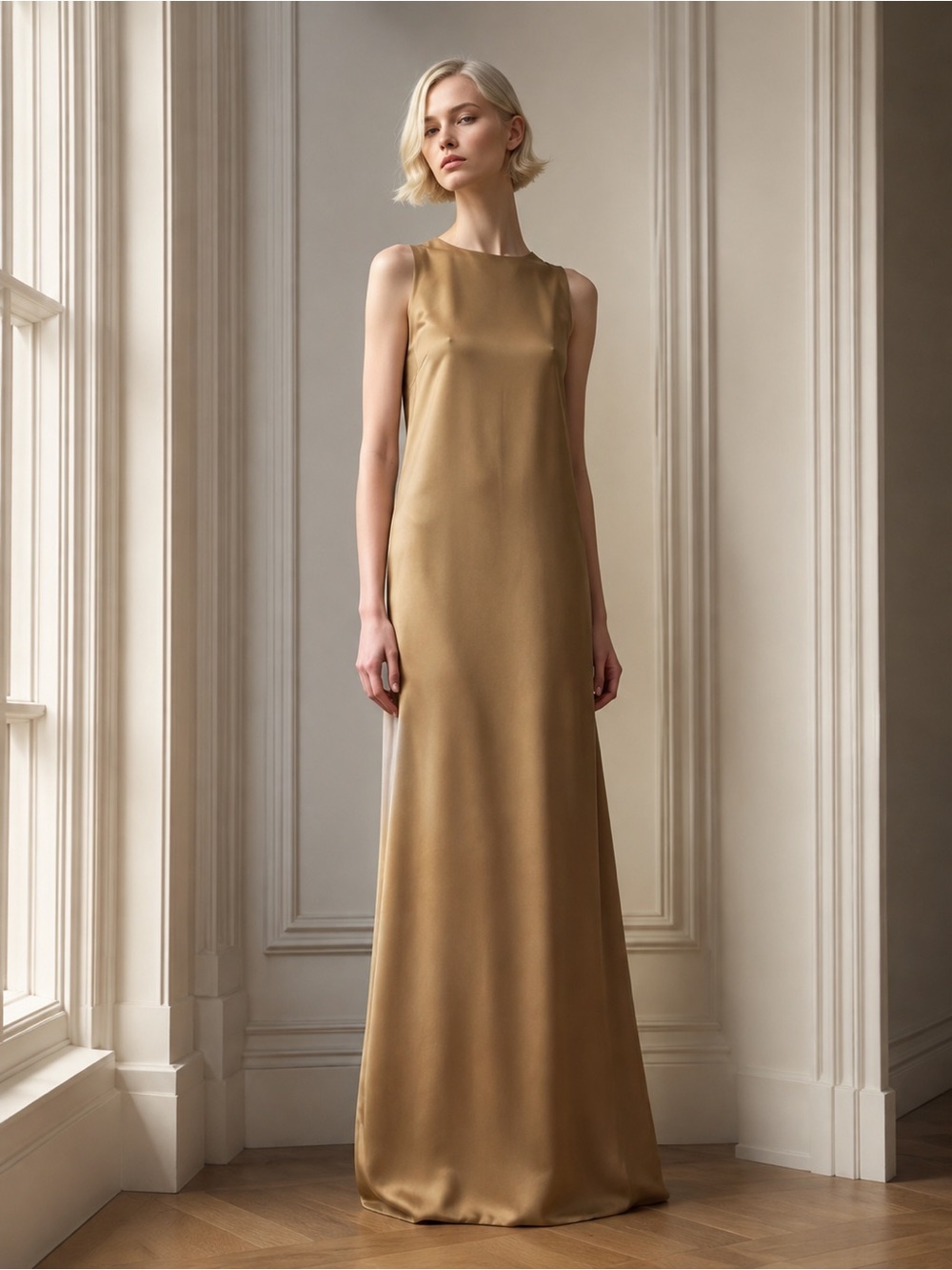 100% SILK Elegant Gold Sleeveless dress